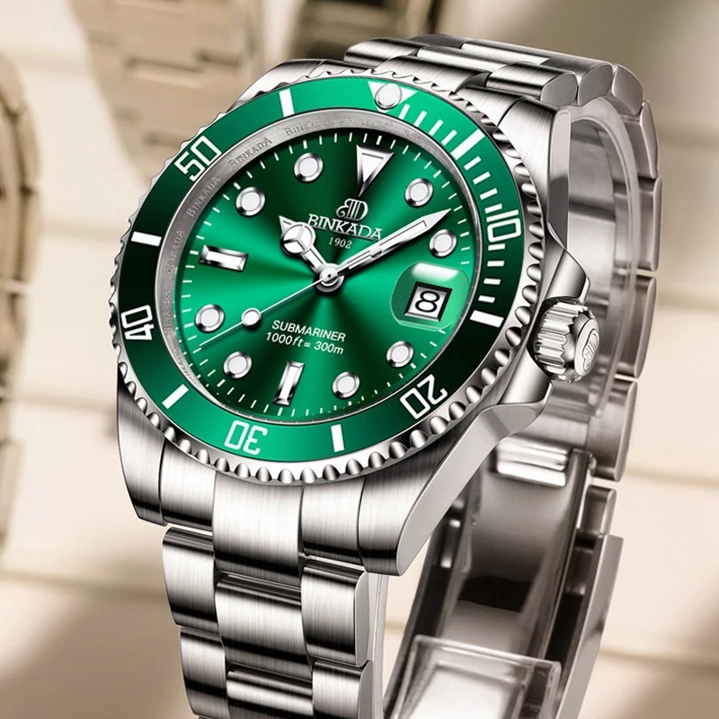 

BINKADA Brand Stainless Steel 300M Waterproof Mechanical Watch for Men Fashion Date Luminous Watch Luxury Automatic Wristwatch