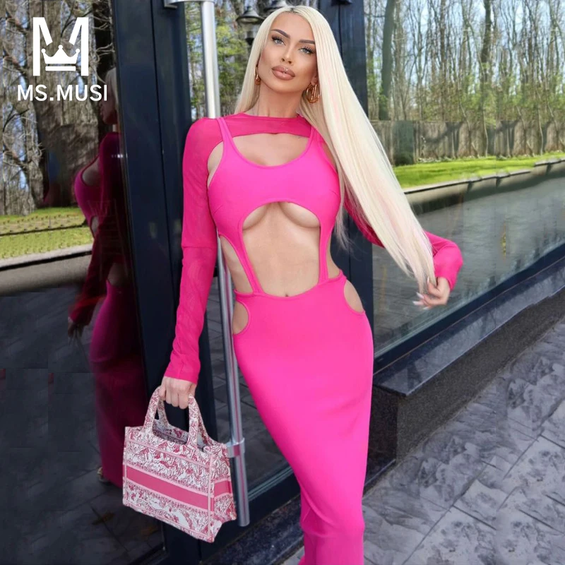 

MSMUSI 2023 New Fashion Women Sexy Bandage Two Piece Set Long Sleeve Top Hollow Out Strap Backless Bodycon Party Maxi Dress Gown