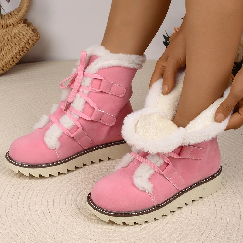 

Fluffy Fleece Lined Ankle Boots Women Lace Up Thick Sole Snow Boots Woman 2025 Winter Large Size Non Slip Booties Female