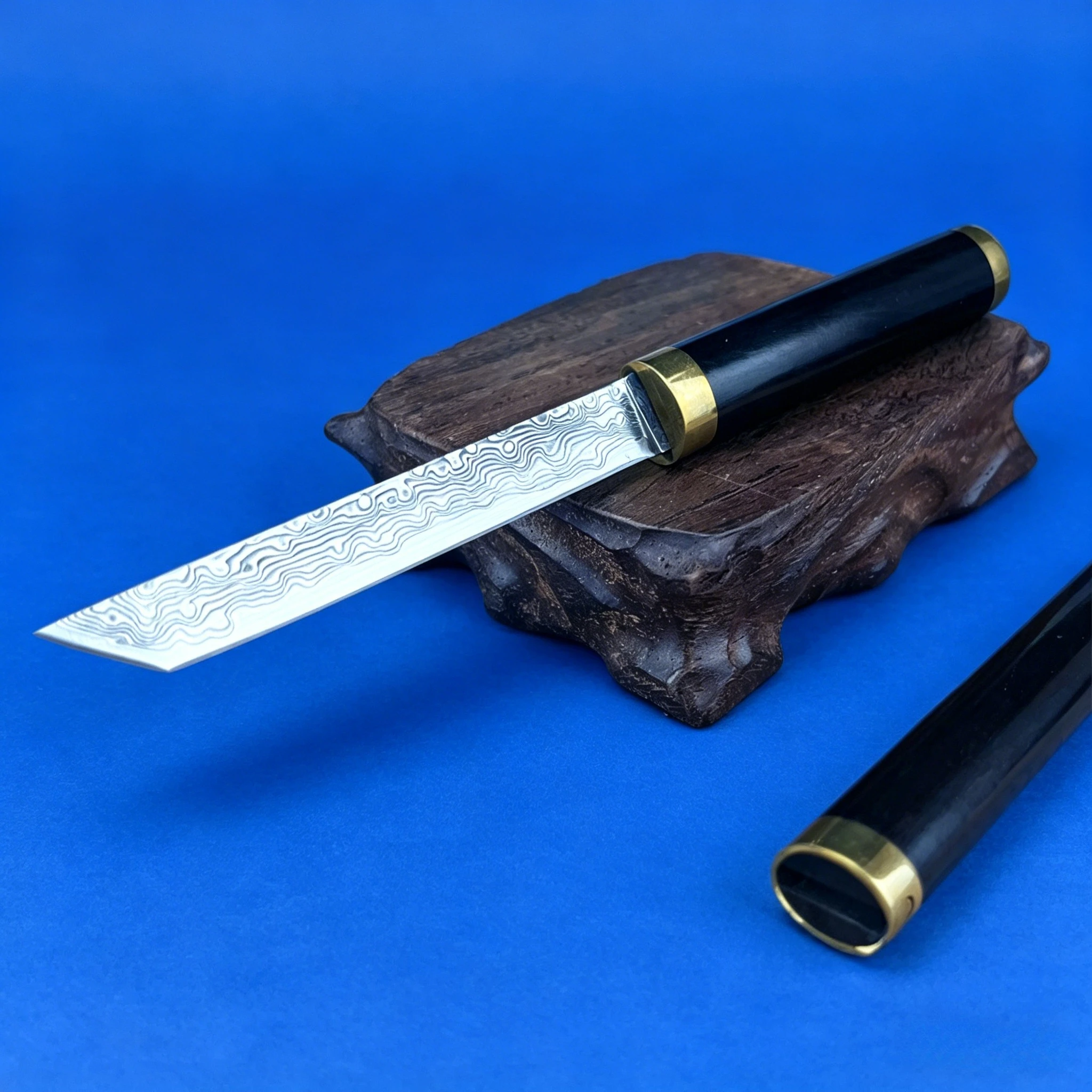 

Mini Damascus Fixed Blade Knife – Ebony Handle, Lightweight Design, Comes with Sheath – Great for Outdoor Camping Tasks