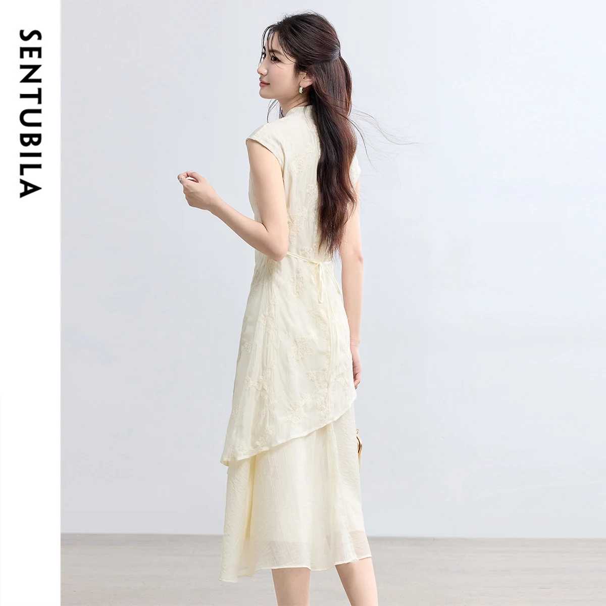 SENTUBILA Apricot Long Elegant Woman Dress 2025 Summer Chinese Style Patchwork 2 In 1 Stand Elegant Female Dresses T52LI2346