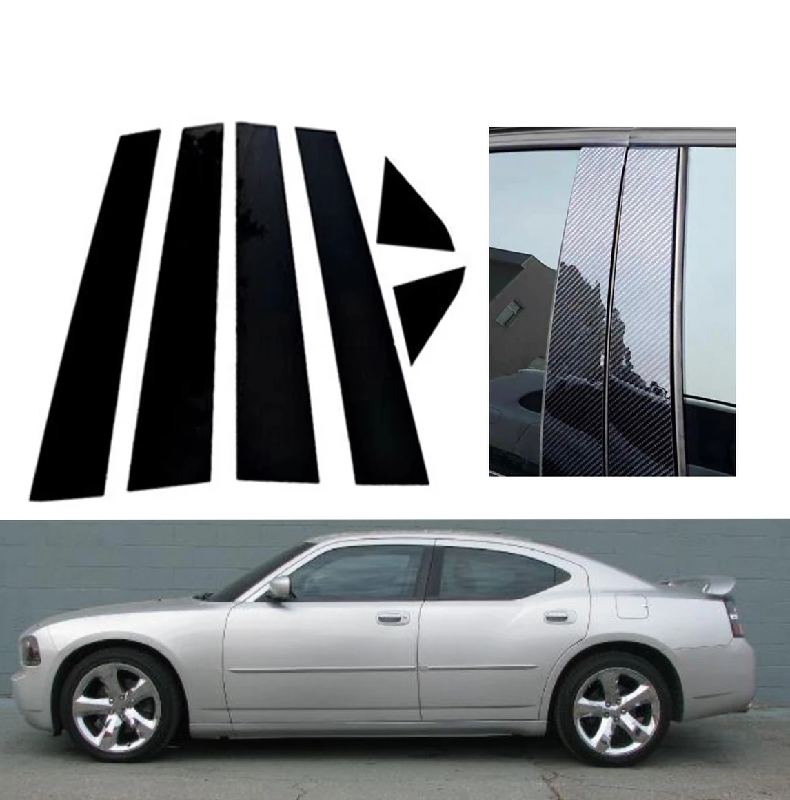 6Pcs  Silver Carbon Pillar Posts Fit For Dodge Charger 2006 2007 2008 2009 2010  Door Window Trim Cover Stickers