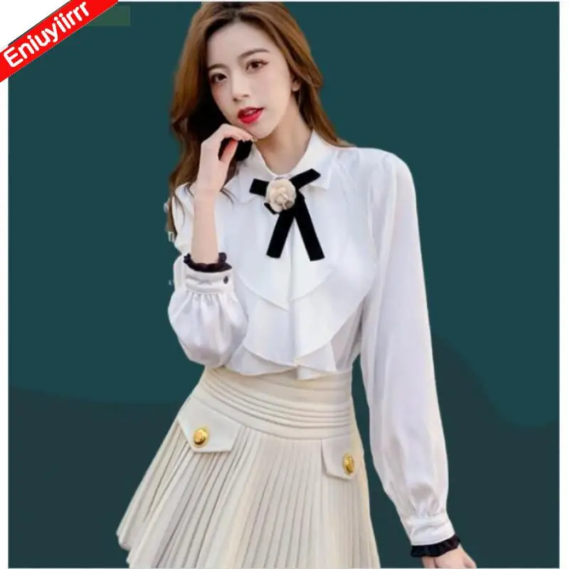 Hot Sales Women 2023 Summer Elegant Office Lady Bow Tie Shirts Casual Retro Vintage Ruffles Basic White Tops Blouses