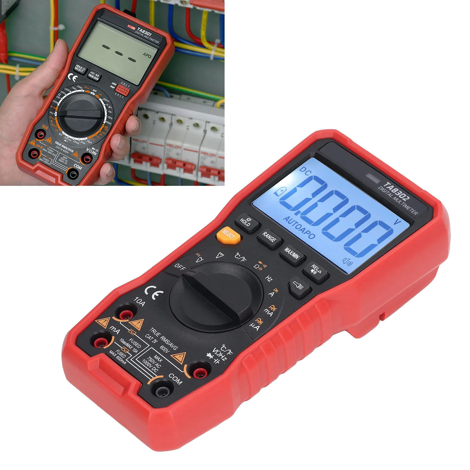 TA8302 True RMS Digital Multimeter with NCV Detection Auto Range Backlit LCD Screen for General Purpose Testing
