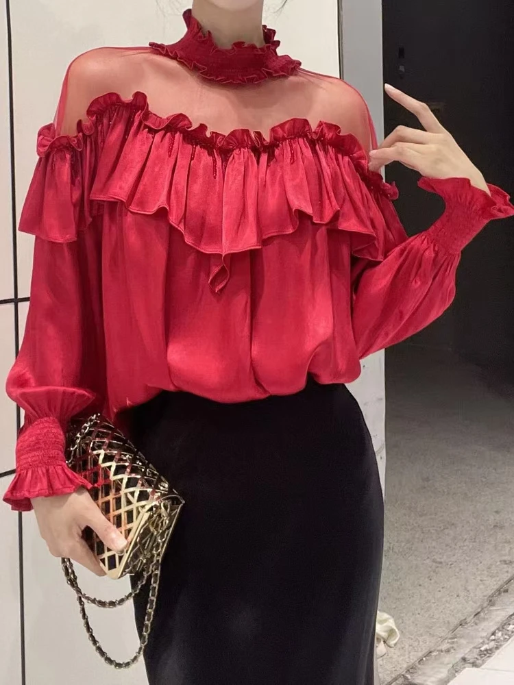 

Весна-лето, новинка, длинный све, кружевной лоскутный женский топ irt, красивый топ с воланами, свободный крой во французском стиле