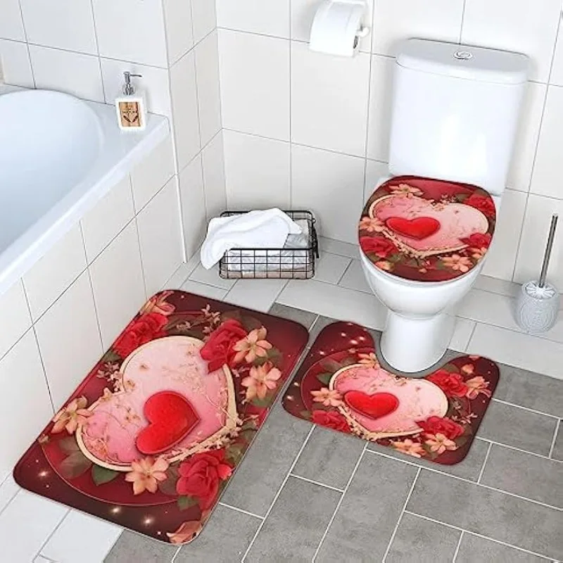 Love Hearts Valentine\'s Day Flowers Florals Bath Rugs 3 Piece Set Bathroom Mat+U-Shaped Toilet Pedestal Rug+Toilet Lid Cover