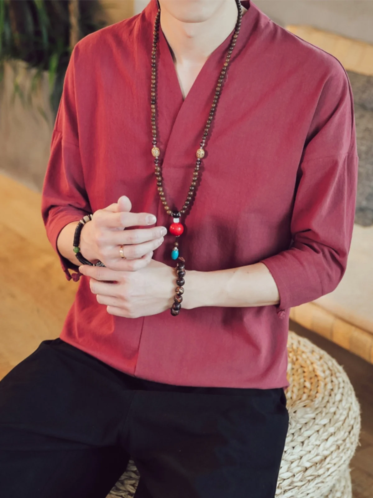 

Loose Fit Linen Men's T-irt Red Wine Color Summer Vintage Cotton Linen Tang Costume Trendy Large Size 7 Sve Length