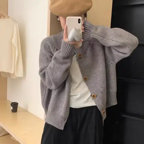 여성용 단색 스웨터 코트, 빈티지 단추, 싱글 브레스트, 긴팔 니트 카디건, 상의, 가을, 겨울 패션, 신상