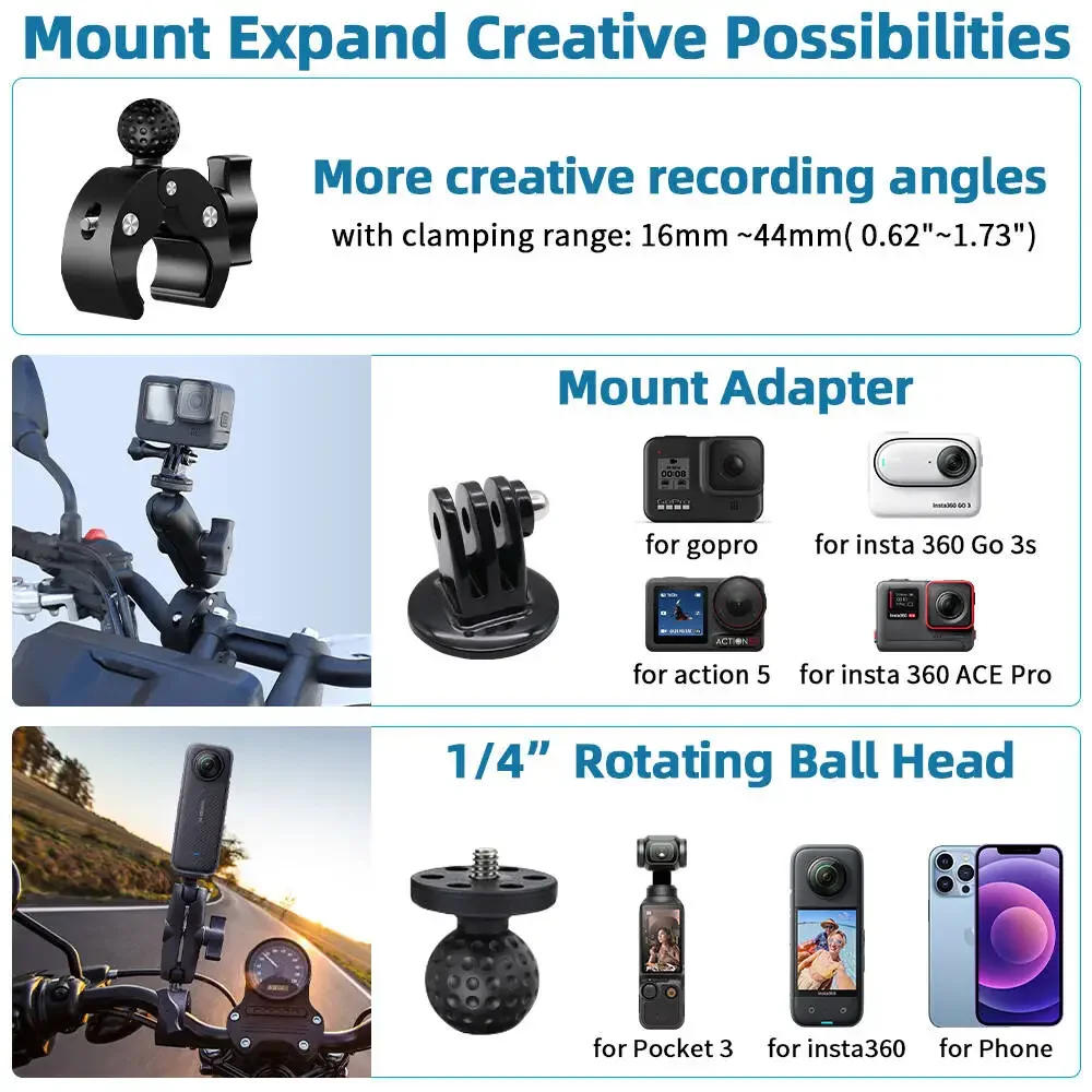Insta360 X5 X4 X3 X2 RS DJI GoPro用 バイクマウントキット ダブルクランプハンドルバー セルフィースティック Insta 360マウントアクセサリー