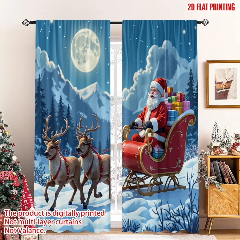 

2pcs 2D flat printing Christmas Drapes Santa Sleigh Reindeer Flight Polyester Without Electricity Family Party Perfect for