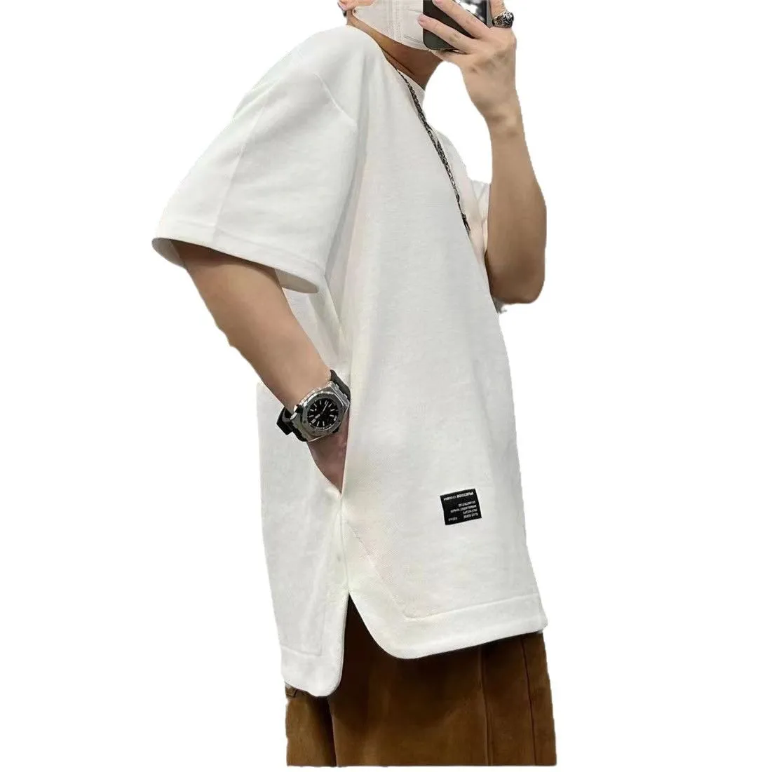 Hidden Pocket Five-quarter Sleeve Top Cool and Breathable Men's Short Sleeve Crew Neck Summer Trend Loose Large Size T-Shirt