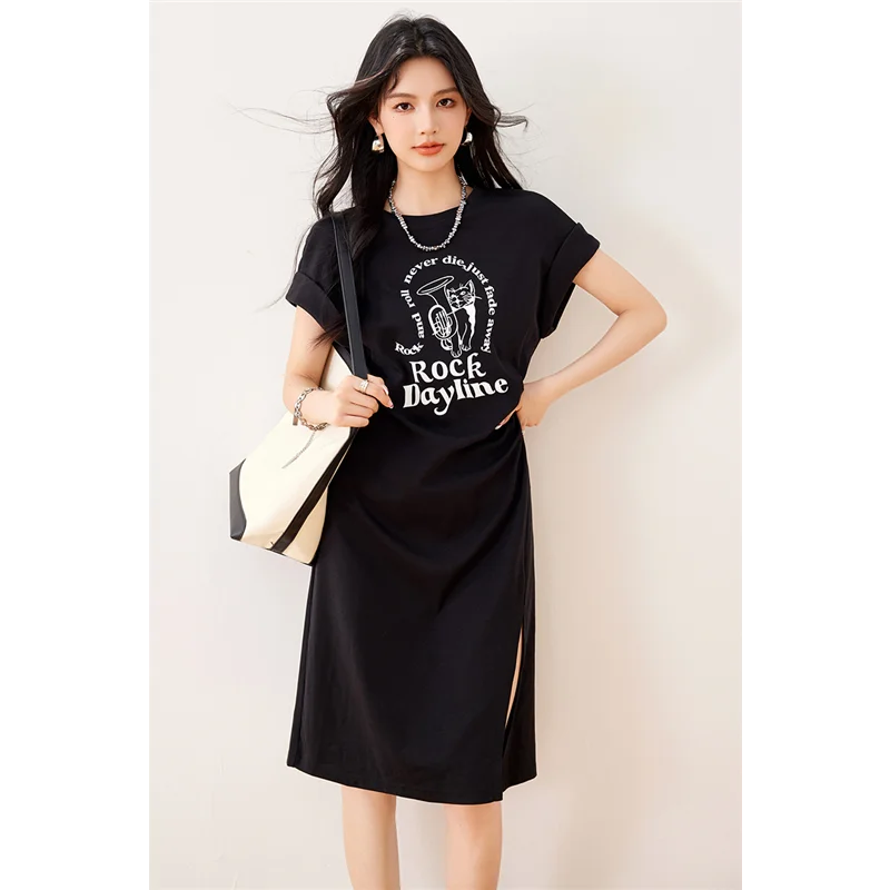2025 夏の新しいマタニティラウンドネックミディアム丈 Tシャツプリーツファッショナブルなプリントドレス妊婦用