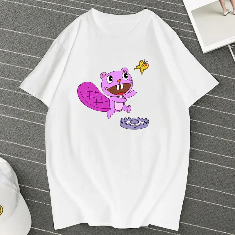 Animated Pattern Hot Happy Tree Friends Male and Female Couple Cotton T-shirt Summer Short Sleeve Cartoon Funny Men\'s Tshirt