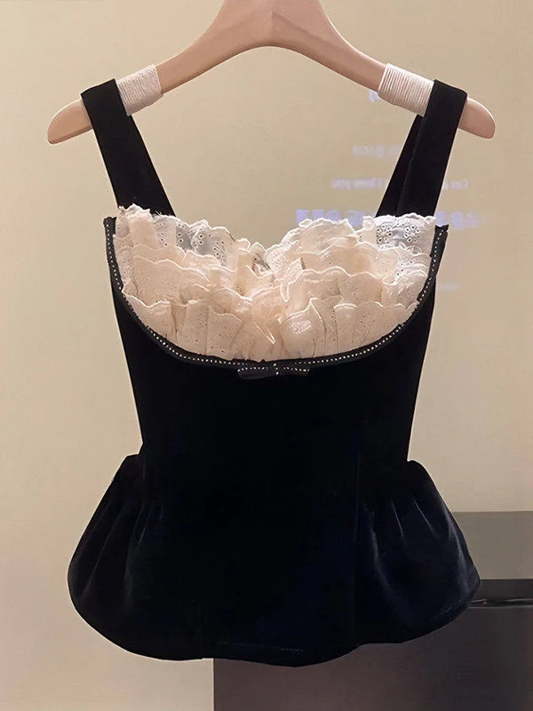

Stunning Bla Velvet Strapl Vest Women's Spring New Sle Lace Trimmed Inner And Outer Wear Svel Top Casual Wear