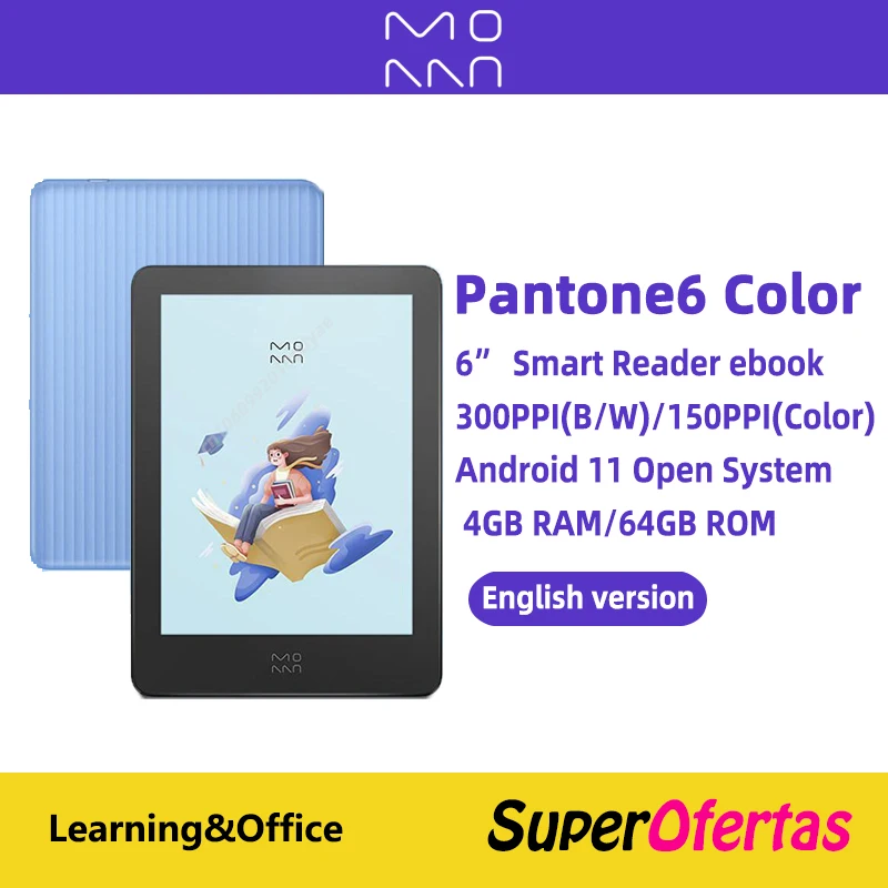 Moaan Pantone6 Color E-book Air E-ink Reader 6inch Smart Reader 300/150PPI Screen Read Tablet Android 11 E-book 4GB RAM/64GB ROM