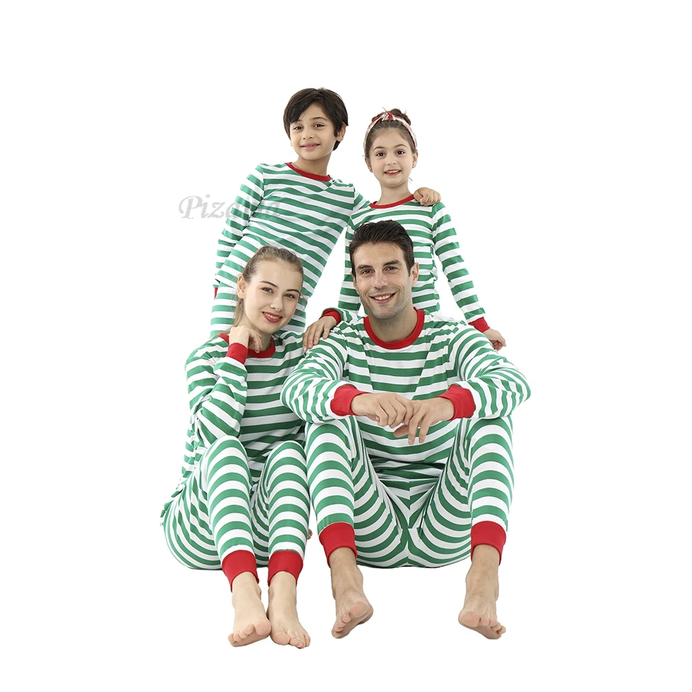 Family Matching Pajamas Sets New Year Couples Pyjamas Green/White Striped Christmas Pajamas Family Look Xmas Striped Homewear