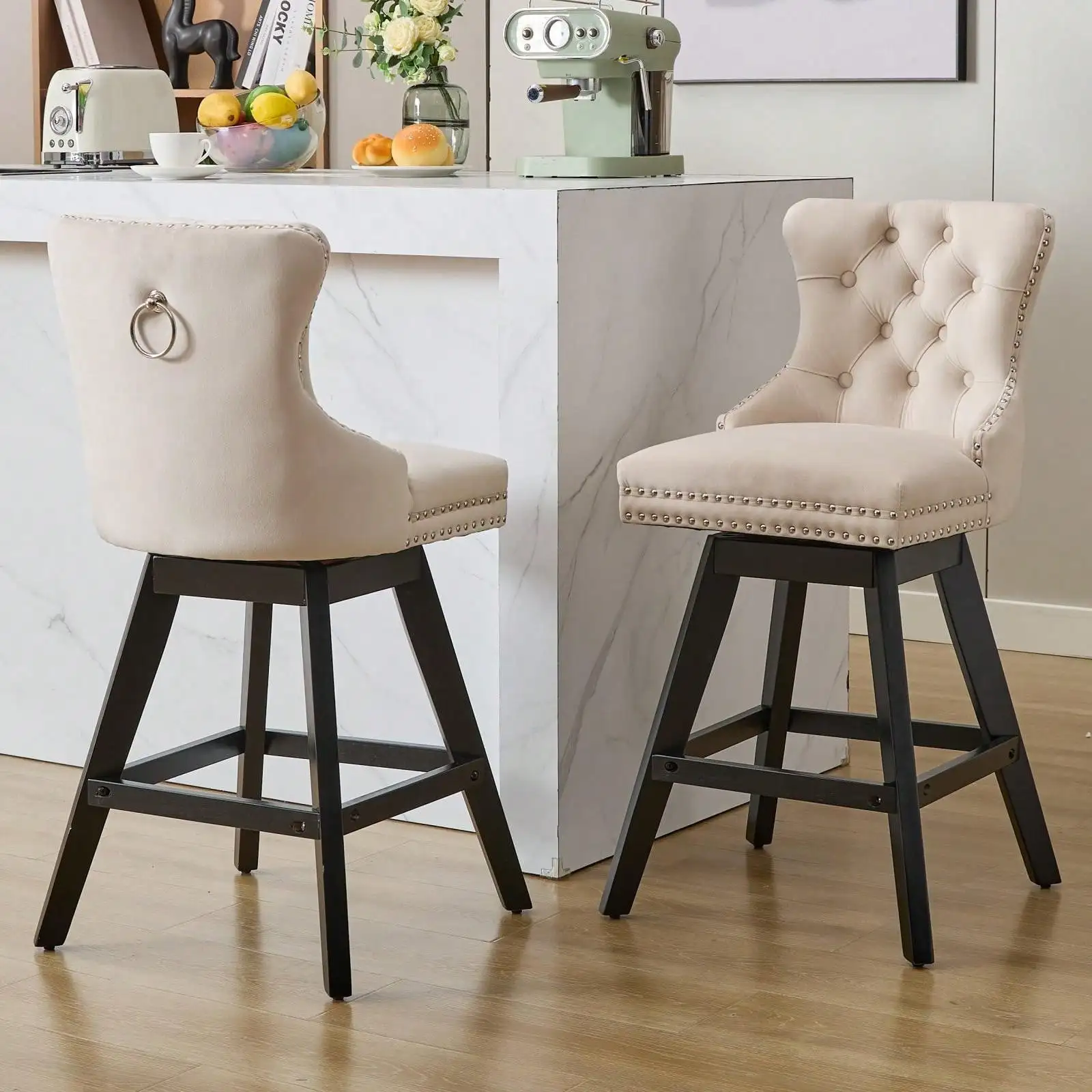 Set Of 2 Swivel Velvet Barstools With Button Tufted Decoration And Wooden Legs, And Chrome Nailhead Trim, Leisure Style Bar Chairs, Kitchen Dining Room Bar Stools