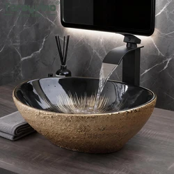 Torayvino Art Oval Ceramic Bathroom Basin Above Counter Vessel Vainty with Black Waterfall Mixer Faucet Pop-up Drain Combo Kit
