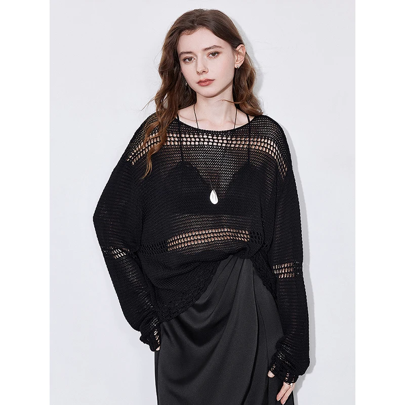 TOYOUTH Women Knitted Shirt 2025 Spring New Hollow Out Linen Lazy Style Long Sleeve Sexy Imitation Tops