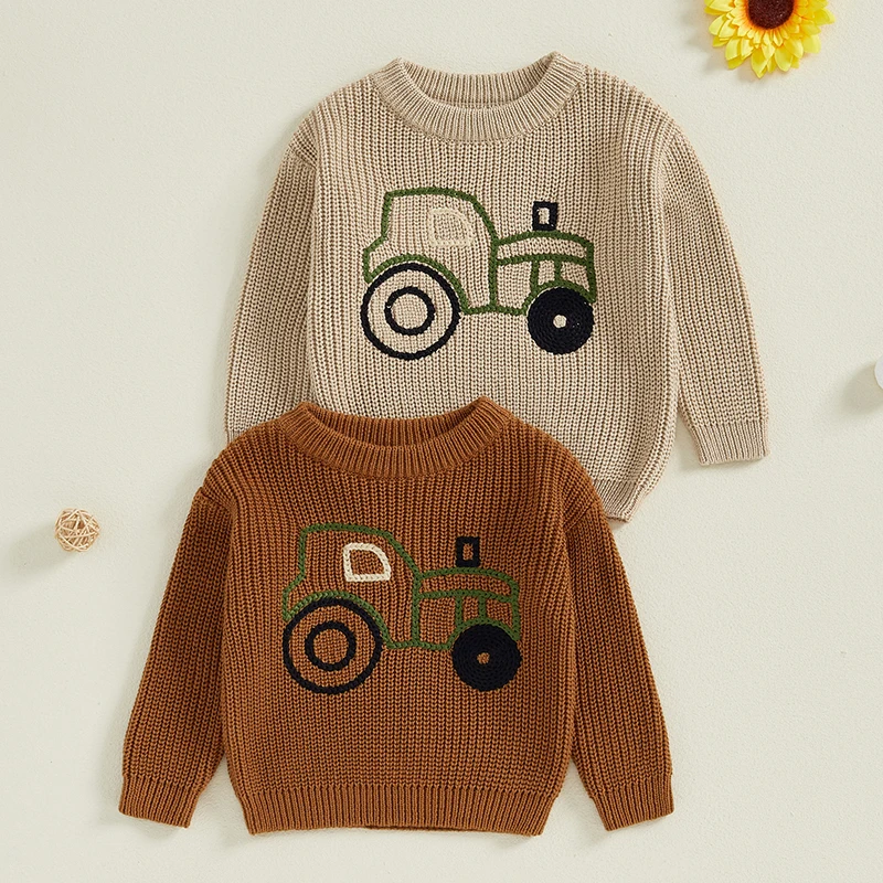 2024-07-09 Lioraitiin Autumn Girls Boys Knit Sweater Long Sleeve O Neck Truck Embroidery Pullover Knitwear