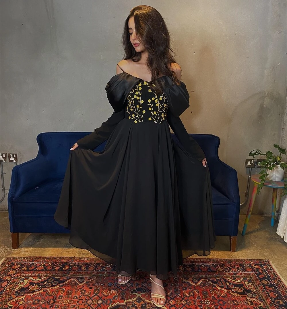 Santorini Black Chiffon Prom Dresses Spaghetti Off Shouder Gold Decoration Homecoming Party Gowns Ankle Length Evening Dress