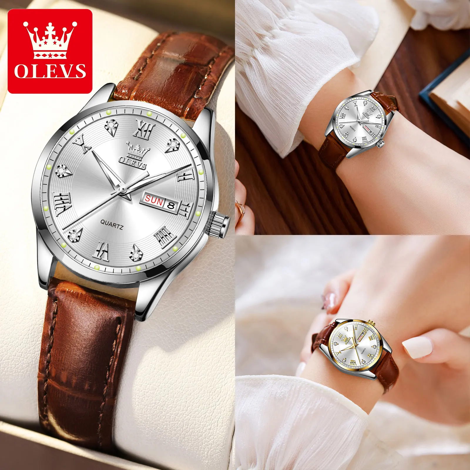 OLEVS Casual Fashion Leather Watches for Women Waterproof Calendar Luminous Lady Wrist Watch New Original Women Quartz Watches