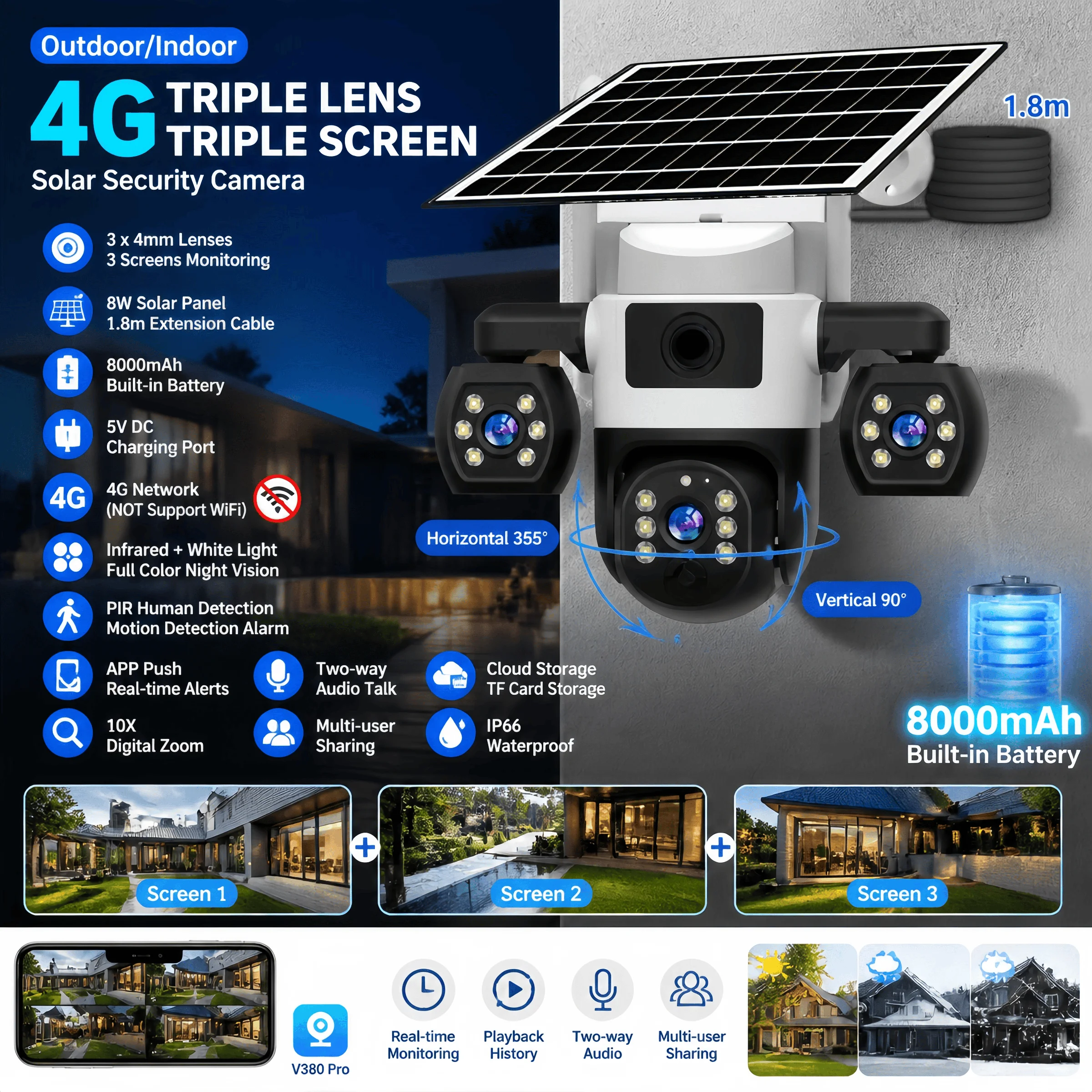 Solar Camera 4G Sim Outdoor 15MP HD 10X  3 Lens 3 Screen PIR Human Security Cameras Night Vision Waterproof CCTV Security Protec