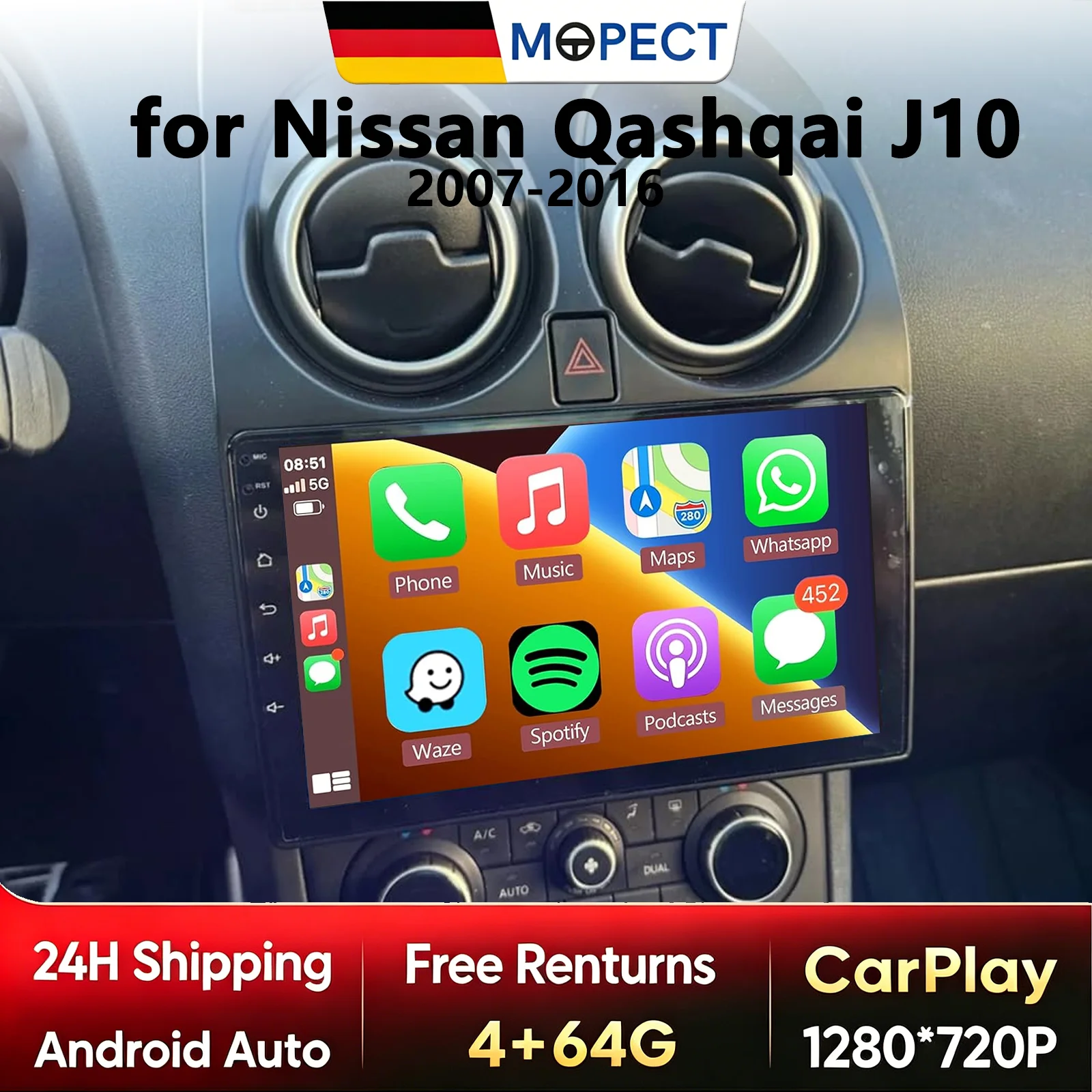 Autoradio MOPECT 9'' 128G pour Nissan Qashqai 2006-2016, lecteur multimédia, Carplay, Android Auto, WIFI, GPS, navigation, autoradio 2DIN