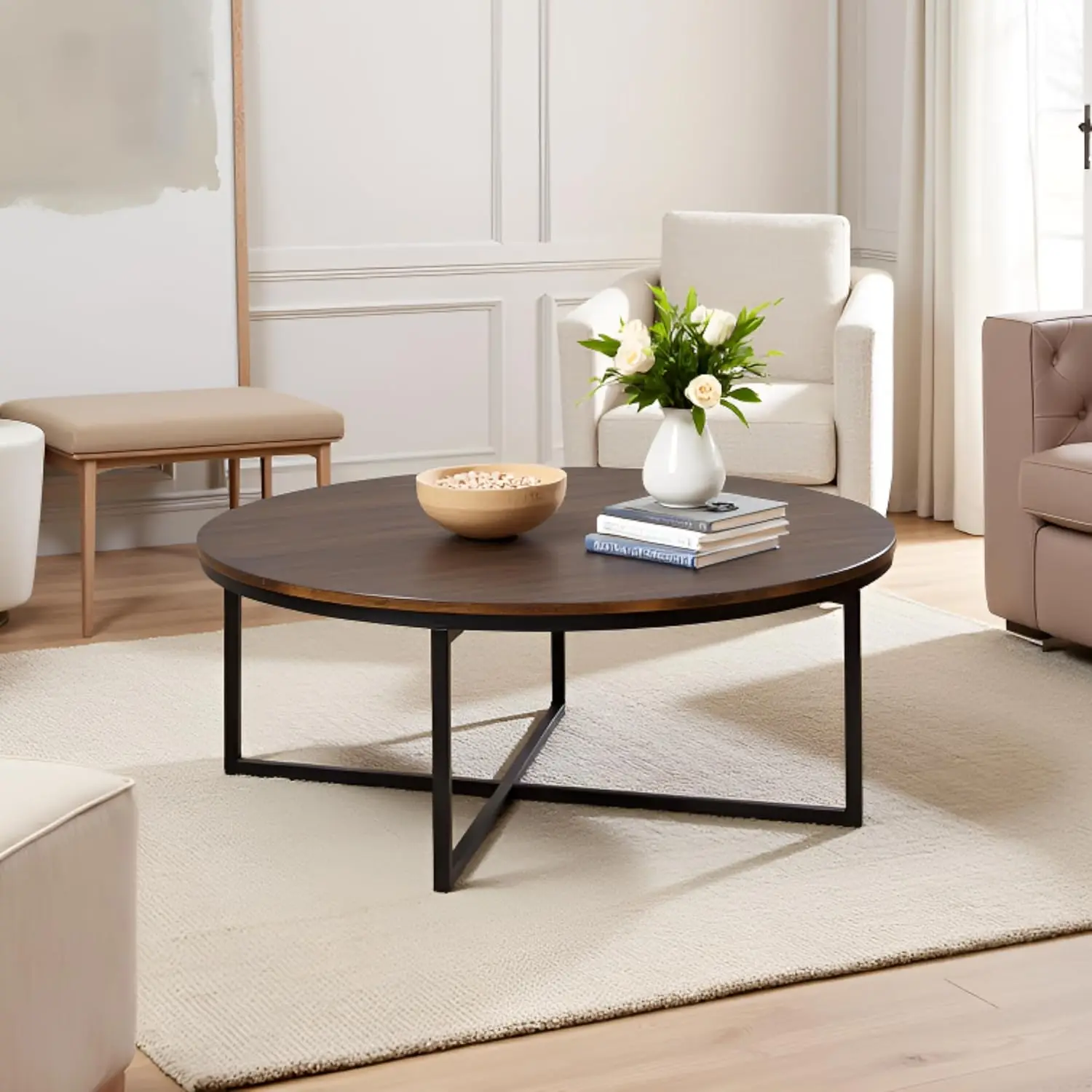 

-Inch Round Acacia Wood Coffee Table - Industrial Living Room Centerpiece with Antiqued Mocha Finish & Metal Sled Legs