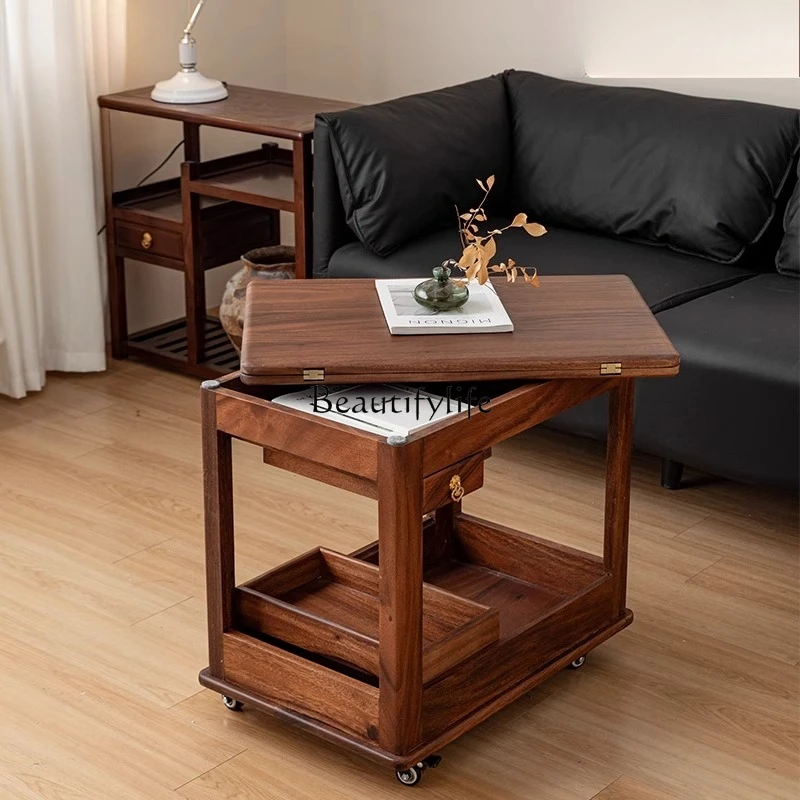 

*Sofa coffee table removable living room small apartment solid wood trolley multi-function folding desktop black walnut