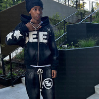 Vintage High Street Y2K Letter Sticker Embroidery Casual Loose Hoodie Coat Autumn Winter Straight Leg Pants Men Women Clothing