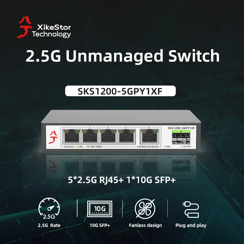 

XikeStor 2.5G Unmanaged Switch 5 Ports 2.5G Switch 1 Port 10G SFP+ Plug and Play Fanless Metal Case