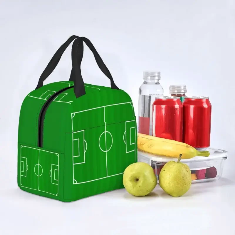 Scatola per il pranzo isolata con motivo a calcio di calcio per le donne borsa per il pranzo termica portatile per bambini borsa per alimenti da