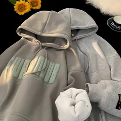 2024 yeni sonbahar ve kış boy ve kalınlaşmış İngilizce harfler erkek gevşek kapşonlu yün hoodie