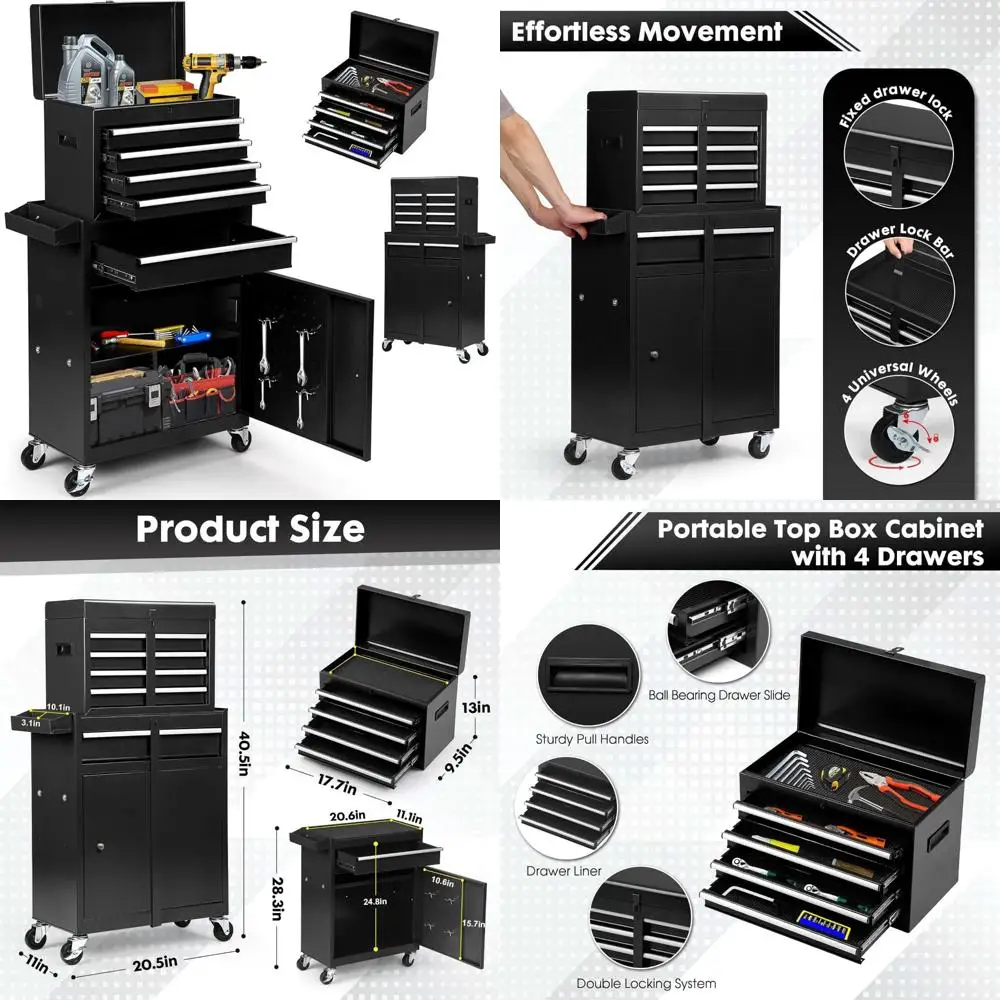 

Heavy-Duty Metal Rolling Tool Chest with Detachable Drawers, Lockable Wheels, 4 Hooks, and Liner for Secure Storage