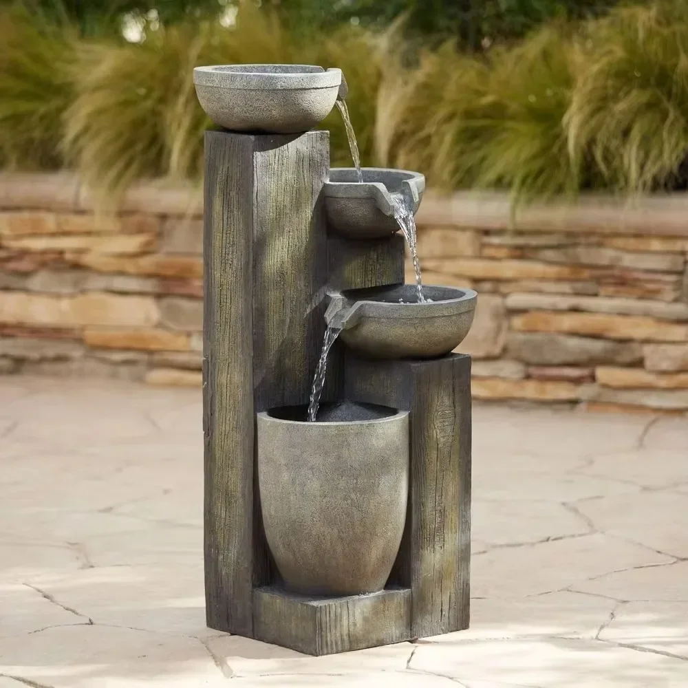 

Four Tier Rustic Outdoor Floor Water Fountain 40 1/2" High with LED Light Cascading Bowls for Garden Patio Backyard Deck Home