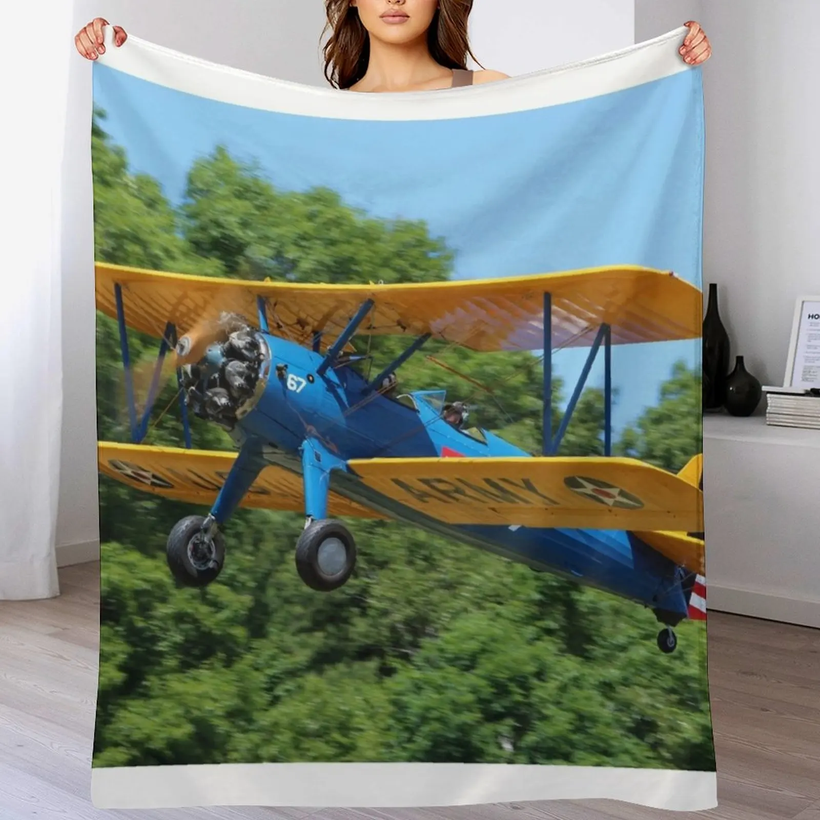 Boeing-Stearman Kaydet Biplane Trainer Aircraft Taking Off Throw Blanket Hairy Bed linens Blankets