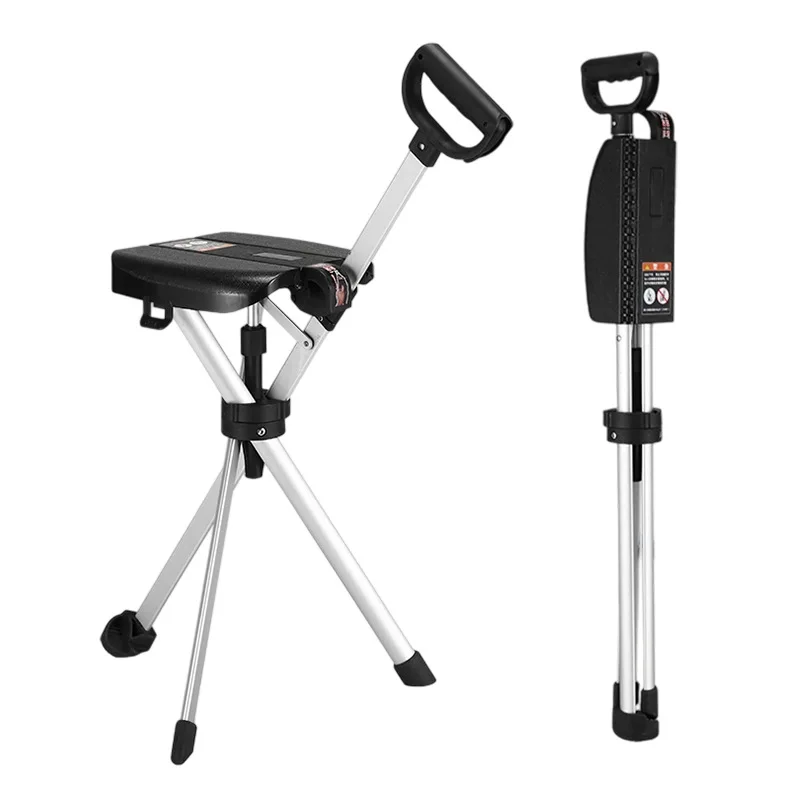 

Aluminum Alloy Multifunctional Cane Chair Anti-slip Portable Folding Crutch Stool Outdoor Hiking Crutch with Chair