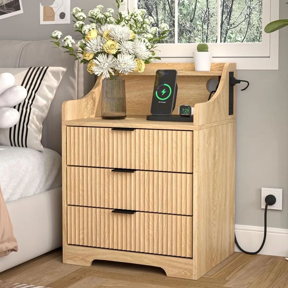

Wood 3 Drawer Nightstand, Fluted Nightstand with Charging Station, Mid-Century Modern Night Stand, Bedside Table Night Stand
