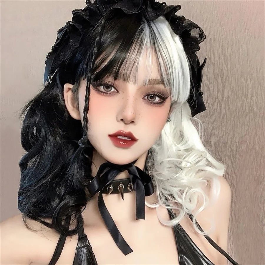 Wig black white color Women Wigs Halloween Party Clown Wear Anime Harajuku Style Rainbo Curly Synthetic Hair Party Costume