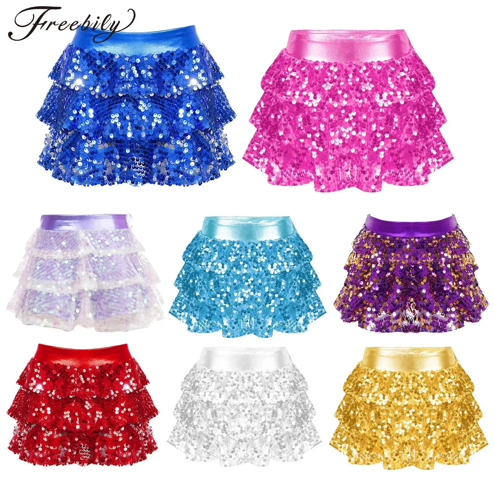 Kids Girls Shiny Sequins Tiered Ruffled Skirted Shorts Metallic Culottes Dance Skirt Jazz Dancewear Stage Performance Costume