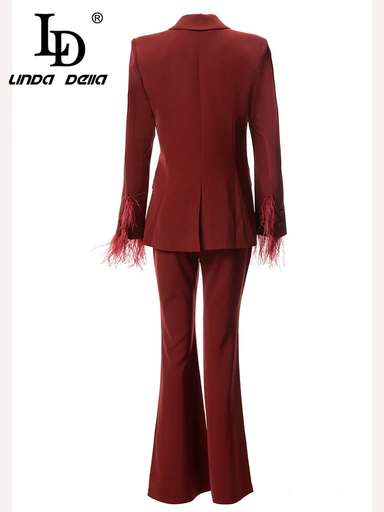 LD LINDA DELLA Autumn and winter Fashion Designer Set Women's Wine red Lapel Pockets Ruffle Top+ Straight Trouser 2 Pieces Set