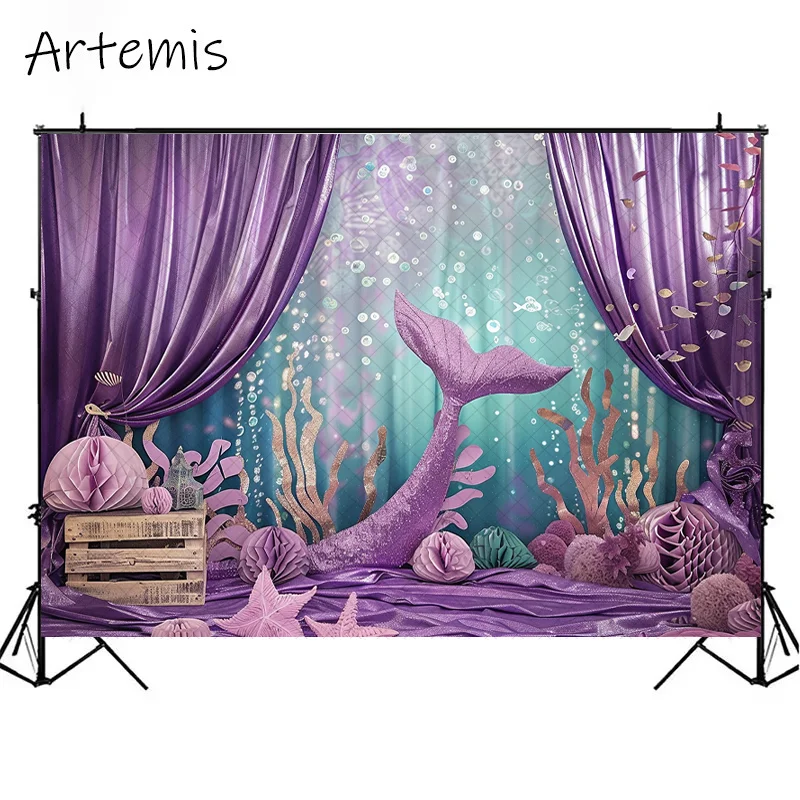 Mermaid Theme Cake Smash Background Photography Props Purple Under the Sea Princess Kids Portrait Backdrop Birthday Party Banner