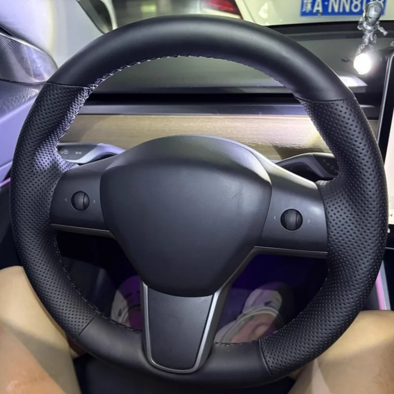 Hand Sewn On Wrap Steering Wheel Cover For Tesla Model 3 Model Y Non-Slip Breathable Microfiber Leather Car Interior Accessories