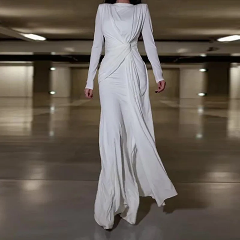 

2025Осенний новый европейский и американский стиль2025Новое плиссированное платье с круглым вырезом, тонкое платье-футляр с высокой талией и длинными рукавами