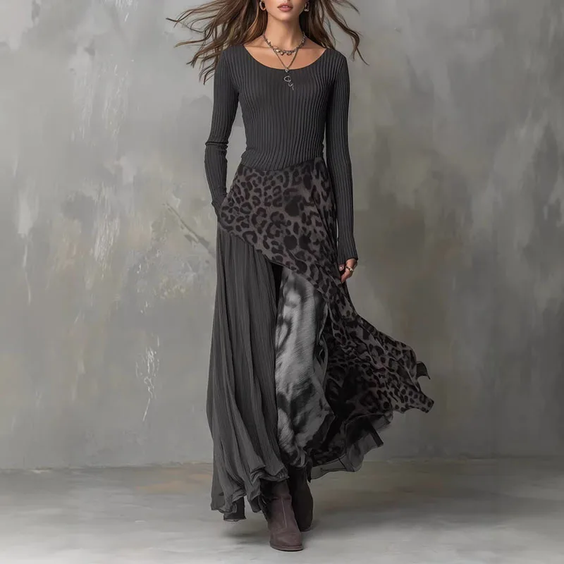 Lente sexy splitsen luipaardprint lange jurk vrouw elegante o hals hoge taille feestjurken herfst lange mouw ruche maxi-jurk