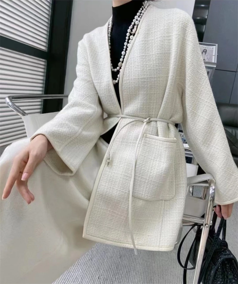 100% Cashmere Woven Fashion High-end Leaf Wheat Brand Designer Solid Color Fabric Classic Clothing Coat Skirt Slub Tweed Fabric