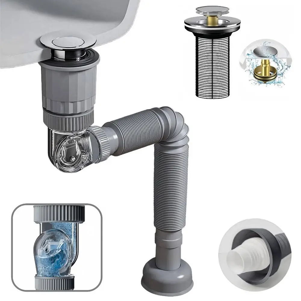 1Pcs Flexible Pipe Hose Bathroom Sink Plug Washbasin Pipe Accesories with Sink Stopper Sink Basin Pipe Fittings Pop Up Black
