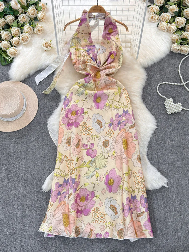 

Hanging Neck Flower For Women's Summer New French Vacation Style Sexy Open Backpack Hip Fishtail Long Dress A56