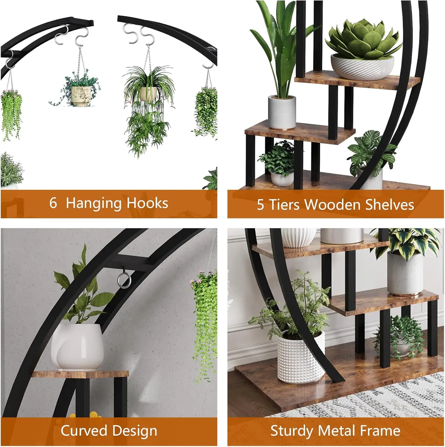 Half‑Moon Plant Stand Indoor, 5‑Tier 56 Inch Tall Curved Large Plant Shelf with Hanging Hooks, Metal Wood Plant Display Rack for Living Room Patio Balcony image 8